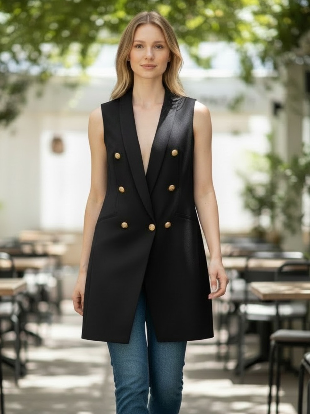 INTERMIX Black Sleeveless Double-Breasted Vest/Short dress with Gold Buttons